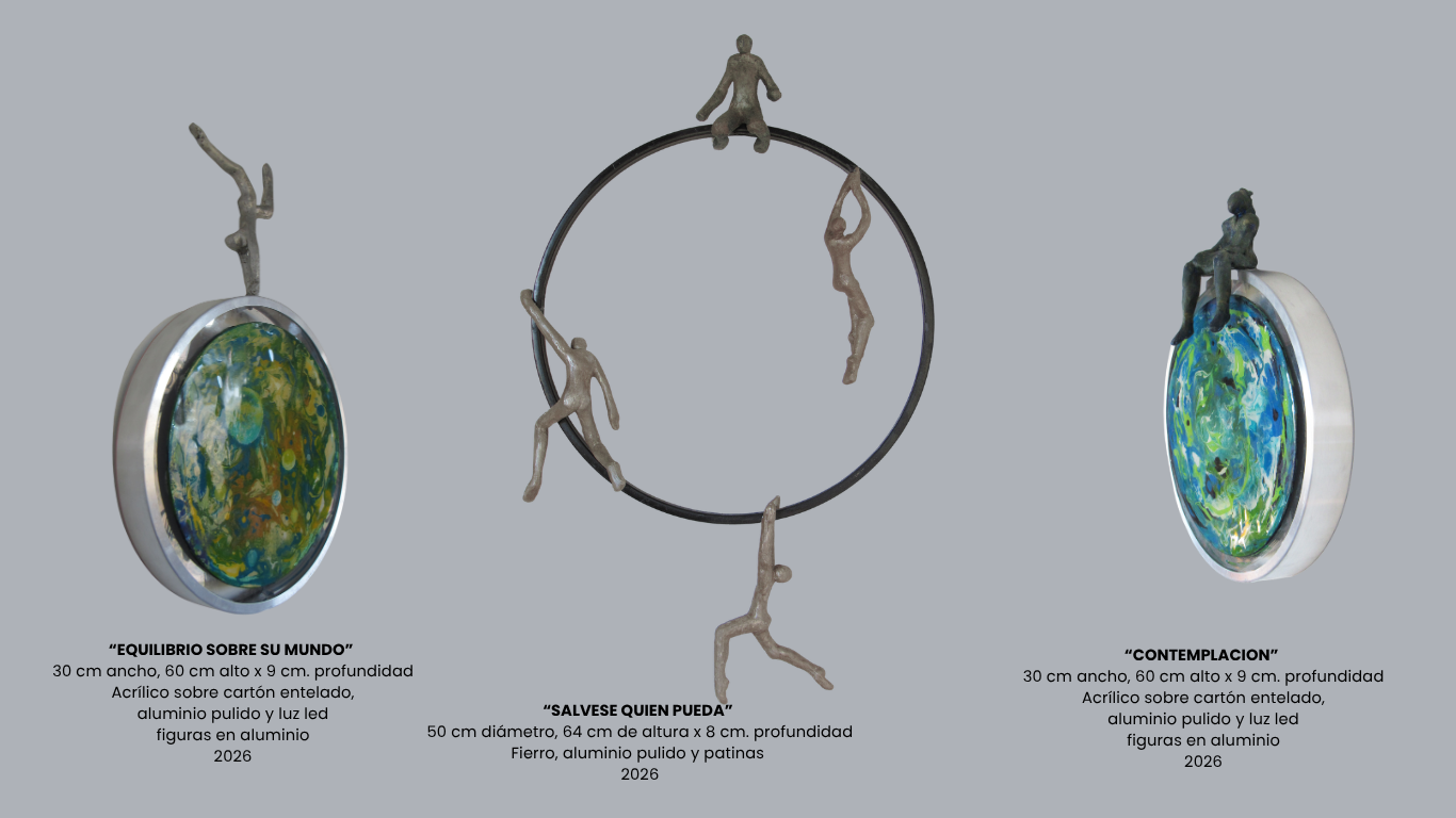 Equilibrio sobre su Mundo, Sálvese Quien Pueda y Contemplación — esculturas murales 2026